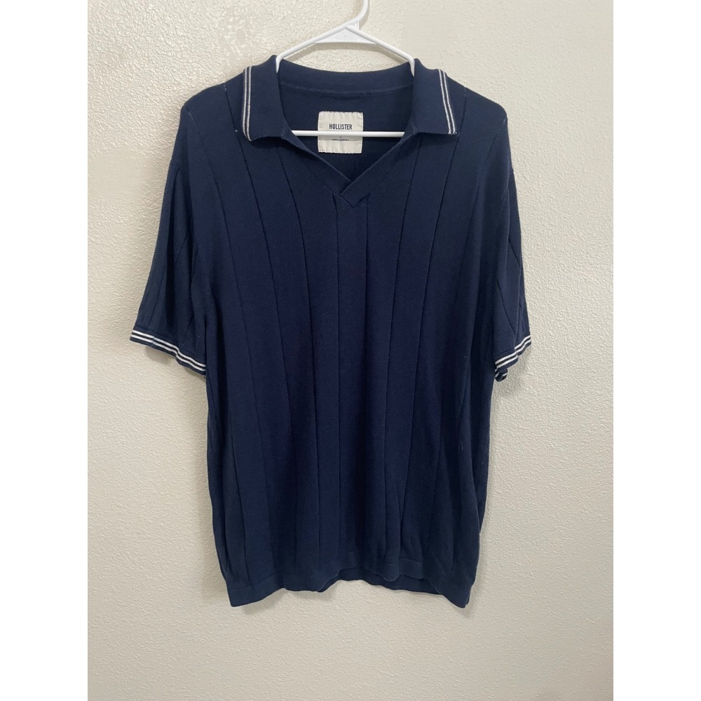 Hollister Men Navy Blue Vertical Ribbed Knit Polo Shirt Short Sleeve Large